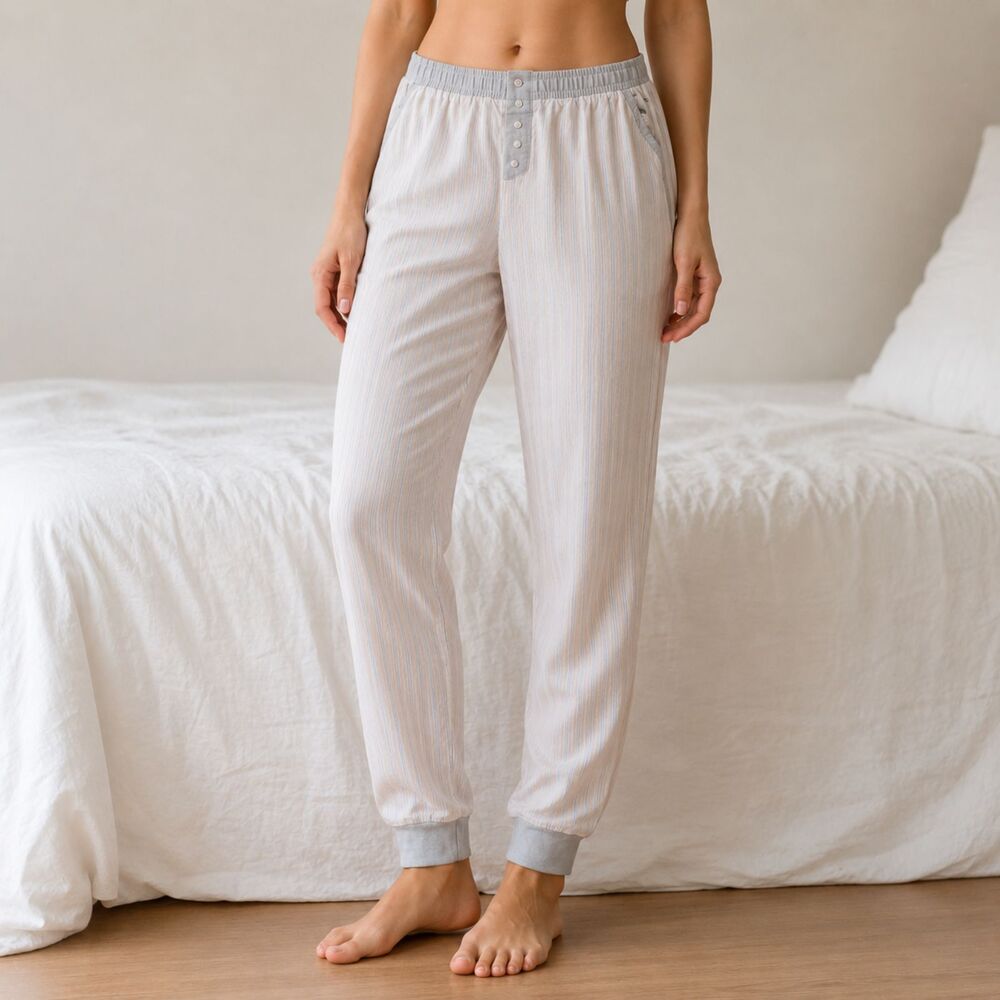 Wysteria Lane Pajama Lounge Pants Womens Medium Beige Stripe Jogger Pockets